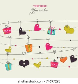 Background with stylish doodle colorful hearts and gift boxes