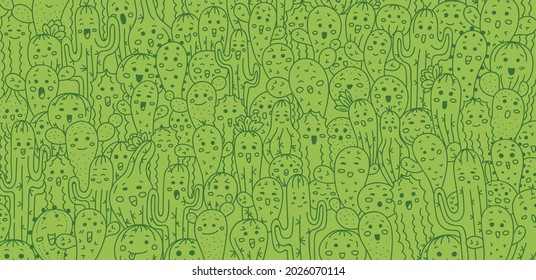 the background is a stylish green, funny plants, succulents and cacti. Hand-drawn in green tones of a plant with emotions.