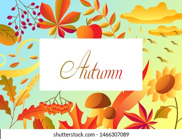 Background with stylized autumn items. Falling leaves, berries and plants.