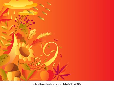 Background with stylized autumn items. Falling leaves, berries and plants.