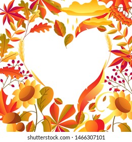 Background with stylized autumn items. Falling leaves, berries and plants.