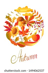 Background with stylized autumn items. Falling leaves, berries and plants.