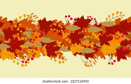 Background of stylized autumn leaves for greeting cards. Seamless horizontal banner with autumn colorful plants. Hand drawn. Vector illustration