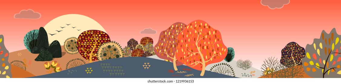 Background with stylized autumn trees. Forest bright landscape.