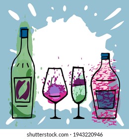 Background with stylized cartoon bottle and wine glass. Menu page. Template. Copy space. Vector image.