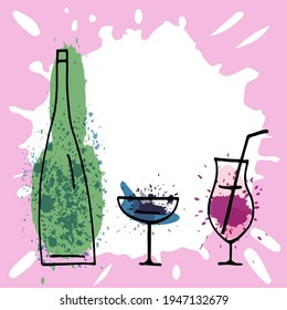 Background with stylized cartoon bottle and wine glass. Menu page. Template. Copy space. Vector image.