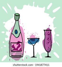 Background with stylized crtoon bottle and wine glass. Menu page. Template. Copy space. Vector image.