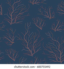 Background of stylized embroidered corals in shades of red on blue