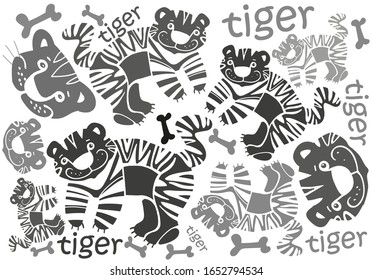 background from stylized funny tigers, text Tiger, gray, funny predators, smile, white background, isolated images, freehand drawing, primitive feline, stripes, funny animals, bone