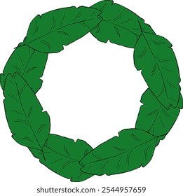 Background with stylized graphic palm leaves. Round circle vector frame template for the text. Image of tropical foliage and plants.
