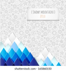 Background with stylized image of  winter mountains and snowflakes. Vector illustration 