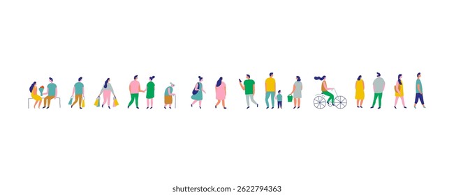 Fundo estilizado pessoas silhueta plano vetor conjunto. As pessoas se amontoam. Homens e mulheres, crianças andando ao ar livre