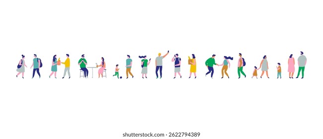 Background stylized people silhouette flat vector set. People crowd. Men and women, kids walking outdoor