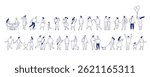 Background stylized people silhouette line vector set. People crowd. Men and women, kids walking outdoor. Contour, drawing, people, character
