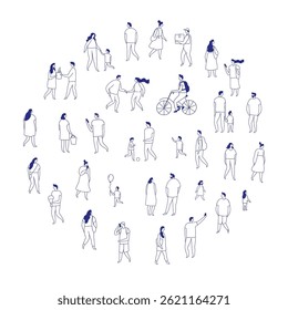 Background stylized people silhouette line vector set. People crowd. Men and women, kids walking outdoor. Contour, drawing, people, character