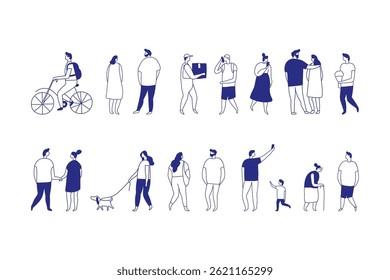 Background stylized people silhouette line vector set. People crowd. Men and women, kids walking outdoor. Contour, drawing, people, character