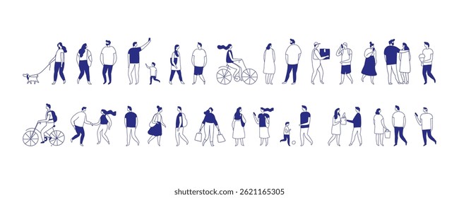 Background stylized people silhouette line vector set. People crowd. Men and women, kids walking outdoor. Contour, drawing, people, character