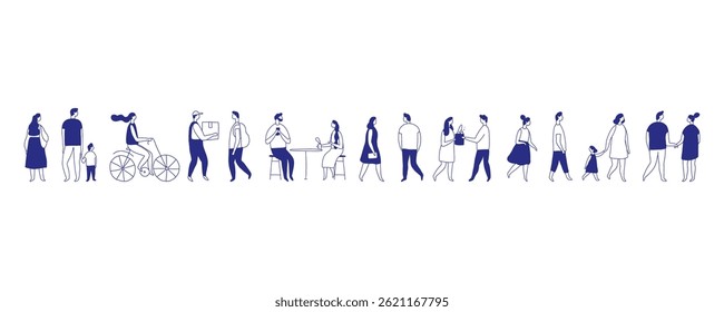 Background stylized people silhouette line vector set. People crowd. Men and women, kids walking outdoor. Contour, drawing, people, character