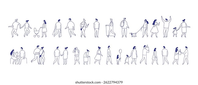 Background stylized people silhouette line vector set. People crowd. Men and women, kids walking outdoor. Contour, drawing, people, character