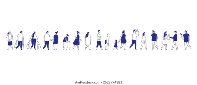 Background stylized people silhouette line vector set. People crowd. Men and women, kids walking outdoor. Contour, drawing, people, character