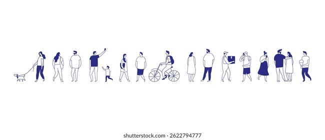 Background stylized people silhouette line vector set. People crowd. Men and women, kids walking outdoor. Contour, drawing, people, character