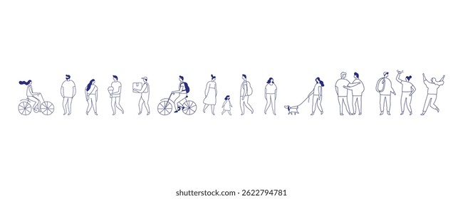 Background stylized people silhouette line vector set. People crowd. Men and women, kids walking outdoor. Contour, drawing, people, character