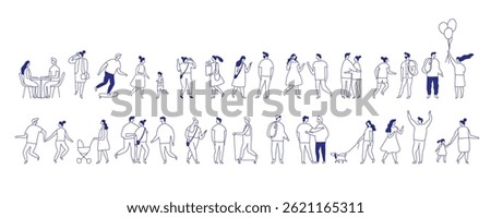 Background stylized people silhouette line vector set. People crowd. Men and women, kids walking outdoor. Contour, drawing, people, character
