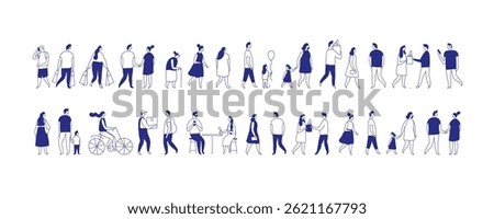 Background stylized people silhouette line vector set. People crowd. Men and women, kids walking outdoor. Contour, drawing, people, character