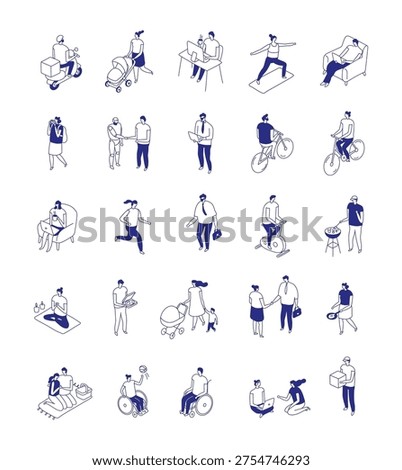 Background stylized people silhouette line vector set isolated on white. People crowd. Men and women, kids walking outdoor. Contour, drawing, people, character