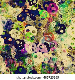 Background with stylized skulls and triangles. Abstract seamless vector pattern for Halloween, fabrics, printing, book covers, home design. Green and purple.