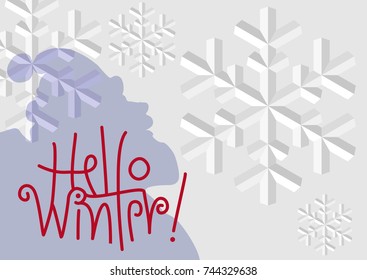 Background with stylized snowflakes, shadow of Santa Claus and 'Hello Winter' text. Trendy Street Art calligraphy. Design for web, card, poster, ad, etc. Separated elements, EPS8 flat vector.