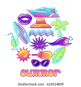 Background with stylized summer objects. Abstract illustration in vibrant color.
