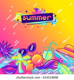 Background with stylized summer objects. Abstract illustration in vibrant color.