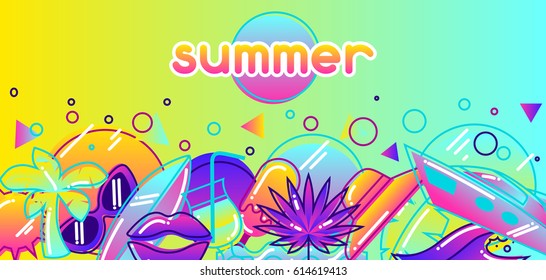 Background with stylized summer objects. Abstract illustration in vibrant color.
