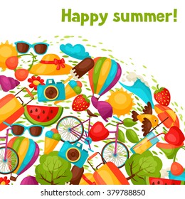 Background with stylized summer objects. Design for cards, covers, brochures and advertising booklets.