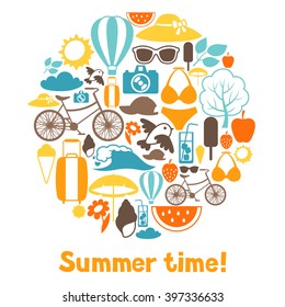 Background with stylized summer objects. Design for cards, covers, brochures and advertising booklets.