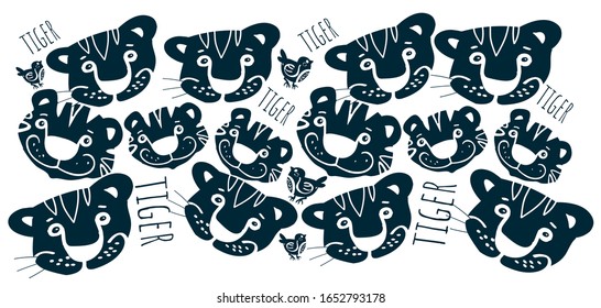 background from stylized tiger faces, text Tiger, dark blue, funny predators, smile, white background, isolated images, freehand drawing, primitive feline, stripes, funny animals, bird