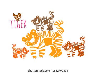 background of stylized tigers, yellow, orange, brown, funny predators, smile, white background, isolated images, freehand drawing, primitive feline, stripes, cub, funny animals, big pussies