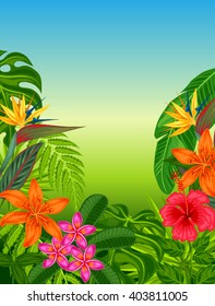 Background with stylized tropical plants, leaves and flowers. Image for advertising booklets, banners, flayers, cards.
