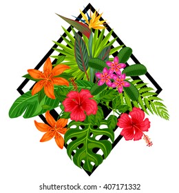 Background with stylized tropical plants, leaves and flowers. Image for advertising booklets, banners, flayers, cards, textile printing.