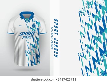 Sublimación de fondo deportes al aire libre jersey de fútbol camiseta de futsal corriendo jersey carreras entrenamiento de carreras azul, verde y blanco trazo de zigzag.