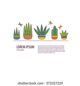 Background with succulent, cactus and imaginary plant. Colorful template for card, letters and invitations. Vector flat illustration. 