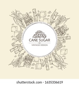 Background With Sugarcane: Cane Sugar And Sugarcane. Vector Hand Drawn Illustration.