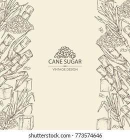 Background with sugarcane: cane sugar and sugarcane. Vector hand drawn illustration.