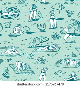 Background with summer  beach girls. Seamless pattern with doodle cute woman character sunbathing in different poses. Isolated female figures. Vector illustration. Landscape with people, cactus