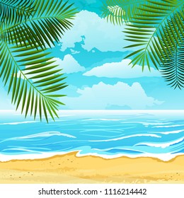 Background summer beach landscape with palm leaves. Vector illustration Eps 10.