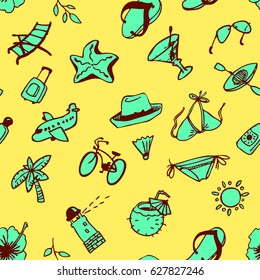 Background with summer and beach objects. Doodle seamless pattern with summer flowers, tropical palms, beach cocktails in sketchy incomplete style. Vector illustration