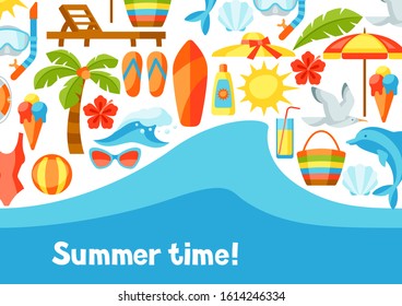Background with summer and beach objects. Illustration of stylized items.