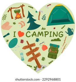 Background for summer camping, travel, trip, hiking, tourist, nature, travel, picnic. Design of a poster, banner, leaflet, cover, special offer, advertisement. Vector illustration in a flat style.