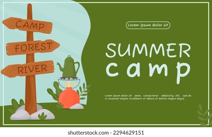 Background for summer camping, travel, trip, hiking, tourist, nature, travel, picnic. Design of a poster, banner, leaflet, cover, special offer, advertisement. Vector illustration in a flat style.